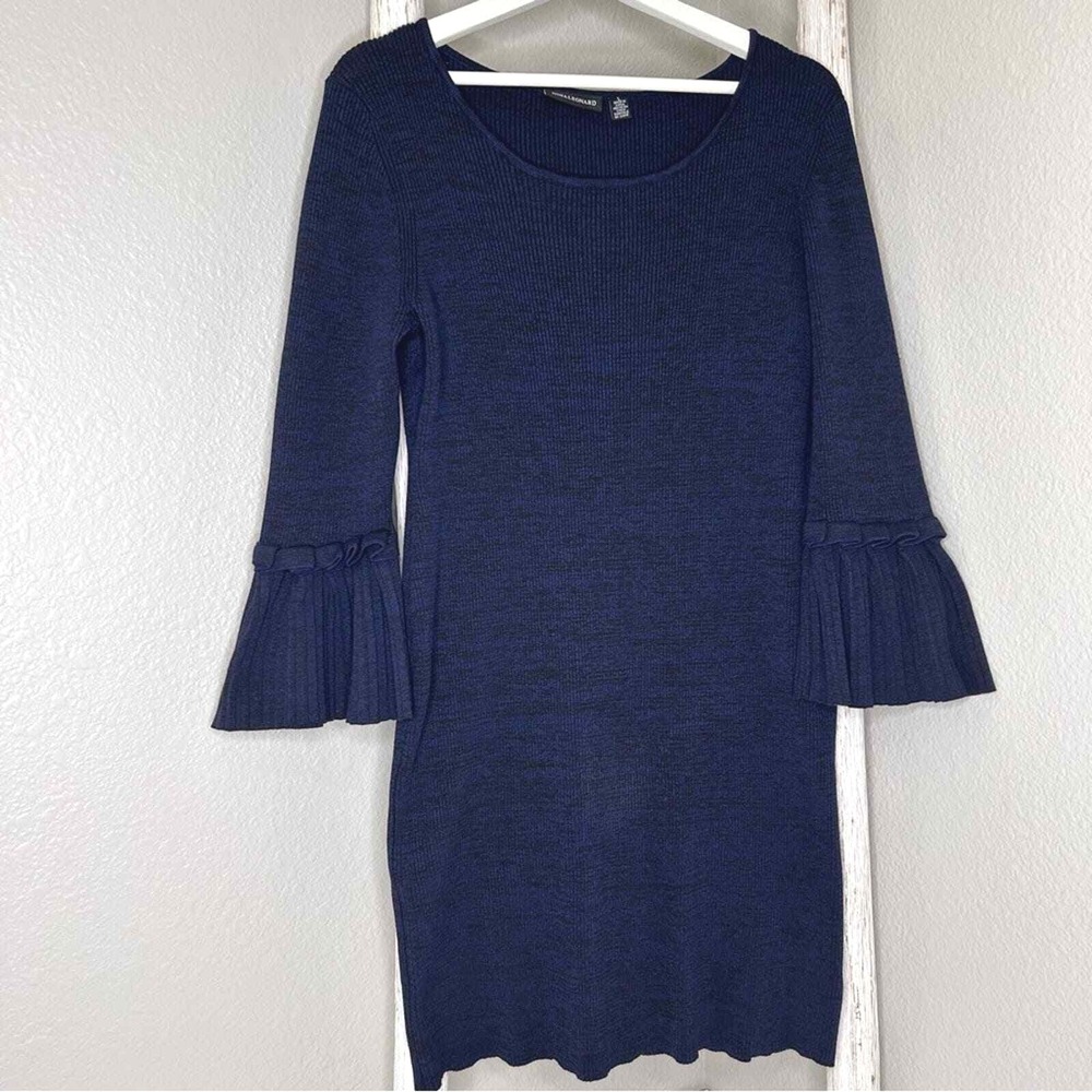 Nina Leonard Navy Blue Knit Dress Long Bell Sleeves Sheath Large - Picture 2 of 6
